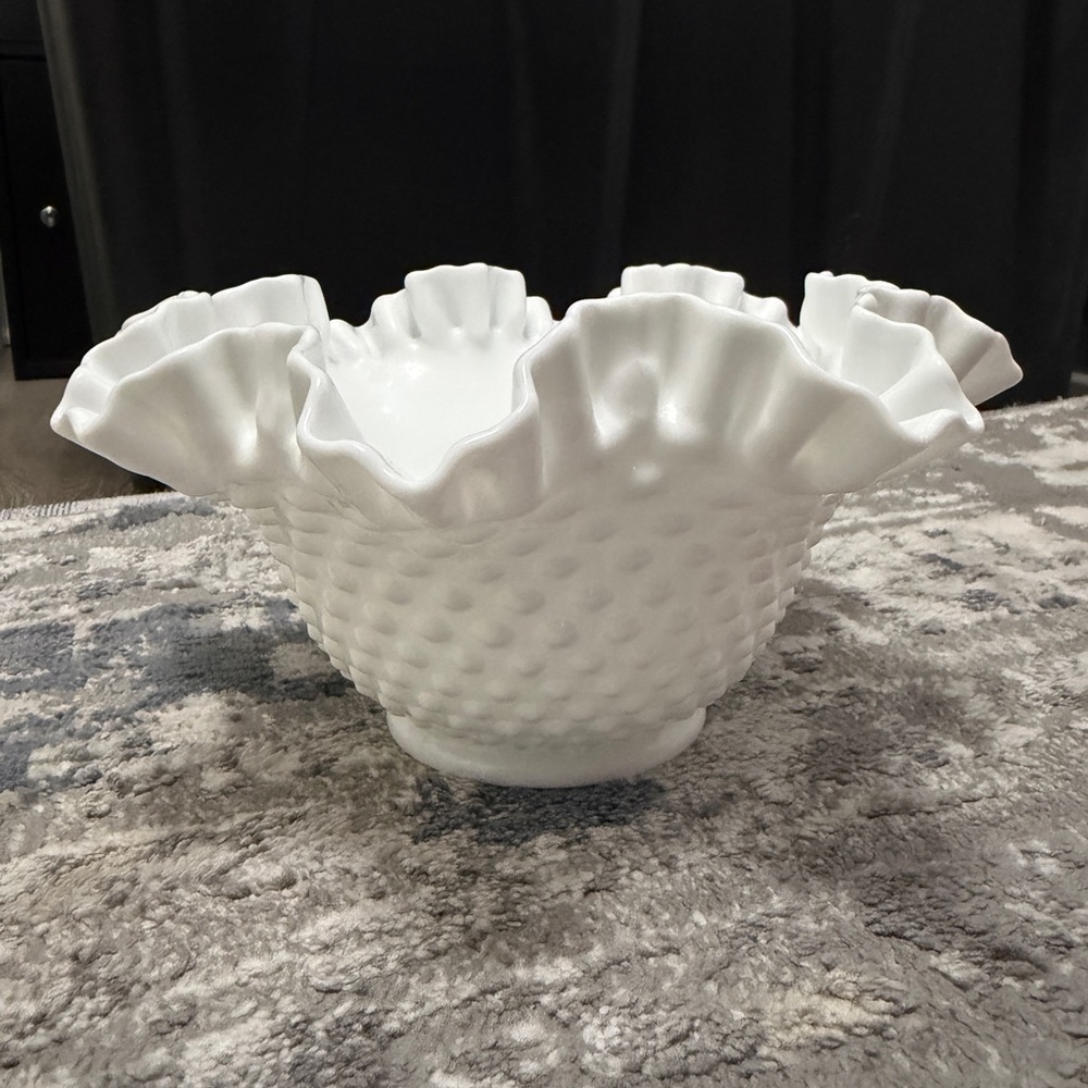 Vintage Fenton White Milk Glass Hobnail Crimped Ruffled Edge Bowl 9”